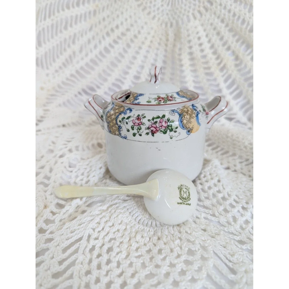 Vintage Japan Floral Porcelain Jam Jar with Noritake Hand Painted Ladle Set